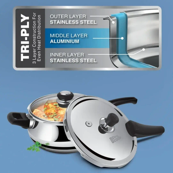 MILTON Milton Triply Handi Stainless Steel Outer Lid Cooker With Glass Lid - 3.5