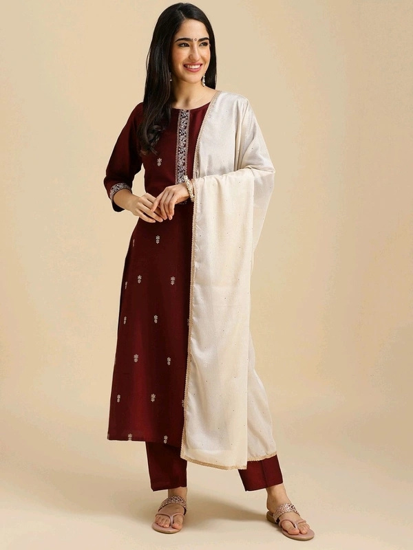 Mokosh MOKOSH Women Silk Blend Kurta Pant Dupatta Set - S, Rosewood