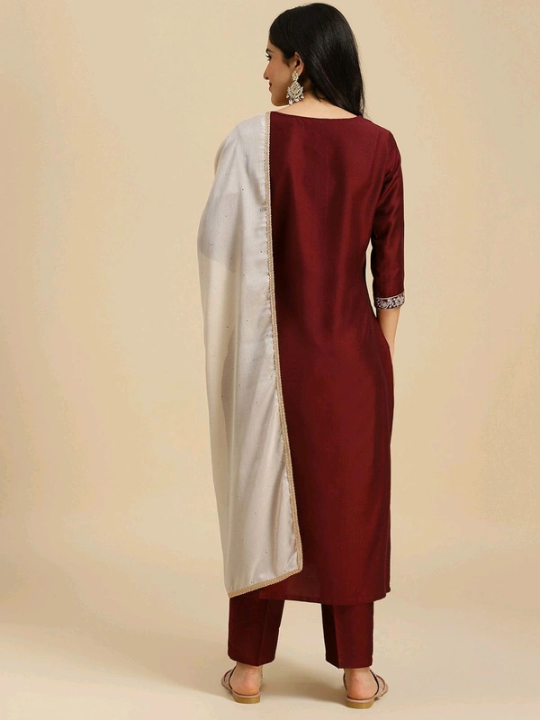 Mokosh MOKOSH Women Silk Blend Kurta Pant Dupatta Set - S, Rosewood