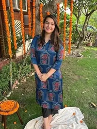 Hardikfab Rayon Blue Kurti with Pant, Block Print 3/4 Sleeves Knee Length Round Neck Kurta Set for Women & Girls - S