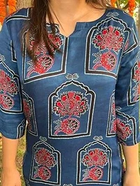 Hardikfab Rayon Blue Kurti with Pant, Block Print 3/4 Sleeves Knee Length Round Neck Kurta Set for Women & Girls - M