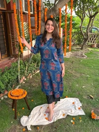 Hardikfab Rayon Blue Kurti with Pant, Block Print 3/4 Sleeves Knee Length Round Neck Kurta Set for Women & Girls - XL