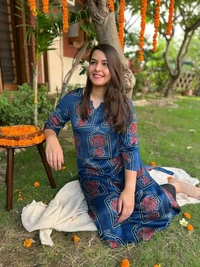 Hardikfab Rayon Blue Kurti with Pant, Block Print 3/4 Sleeves Knee Length Round Neck Kurta Set for Women & Girls - XL