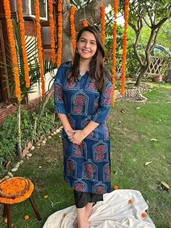 Hardikfab Rayon Blue Kurti with Pant, Block Print 3/4 Sleeves Knee Length Round Neck Kurta Set for Women & Girls - XXL