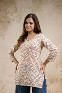 Women Printed Viscose Rayon Straight Kurta (Beige) - S