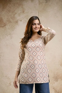 Women Printed Viscose Rayon Straight Kurta (Beige) - L
