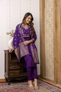 River Of Cloth River of cloth Embroidery Straight Kurta Set Embroidered Kurta, Trouser/Pant & Dupatta Set - L