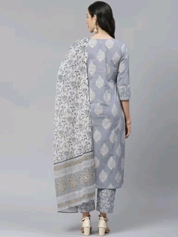 Yuris Women Grey & White Pure Cotton Printed Kurta with Palazzos & Dupatta - XS