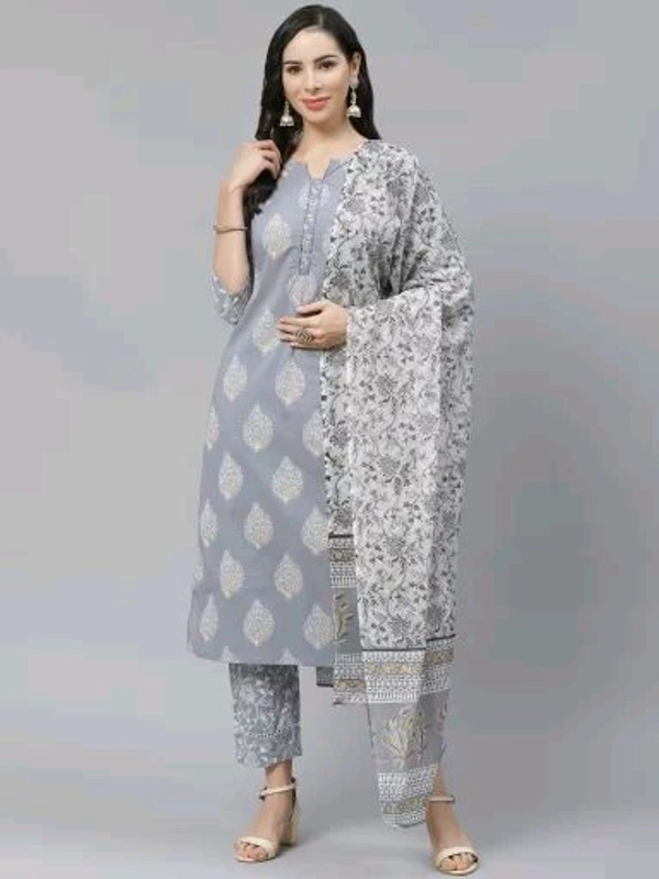 Yuris Women Grey & White Pure Cotton Printed Kurta with Palazzos & Dupatta - XXL