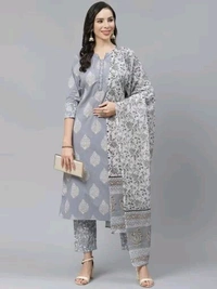 Yuris Women Grey & White Pure Cotton Printed Kurta with Palazzos & Dupatta - XXL