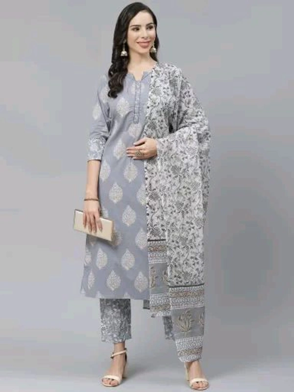 Yuris Women Grey & White Pure Cotton Printed Kurta with Palazzos & Dupatta - XXL