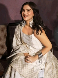 Ishin Women Off White Ethnic Motifs Woven Design Straight Kurta & Sharara with Dupatta - XXL