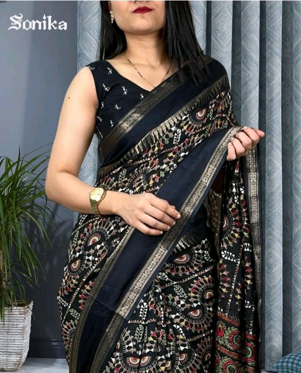 Femane Printed Ikkat Cotton Silk Saree (Black)