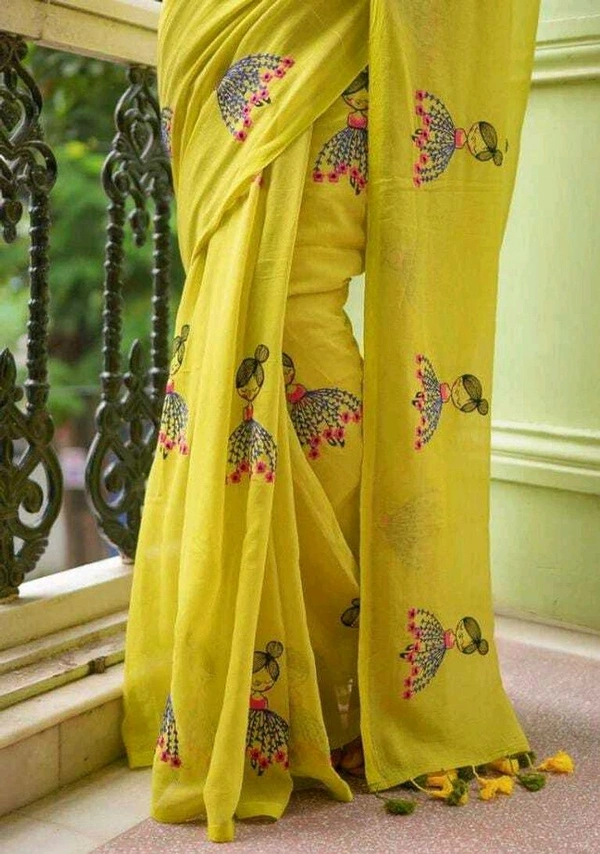 BongLooms Ready to Wear Embroidered Sharara Saree Handloom Pure Cotton Saree (Yellow)