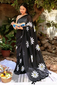 Floral Print Handloom Pure Cotton Saree (Black)