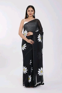 Floral Print Handloom Pure Cotton Saree (Black)