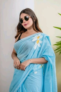 Floral Print Handloom Pure Cotton Saree (Light Blue)