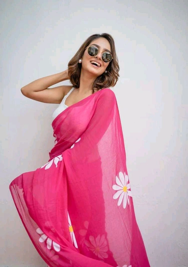 Floral Print Handloom Pure Cotton Saree (Pink)