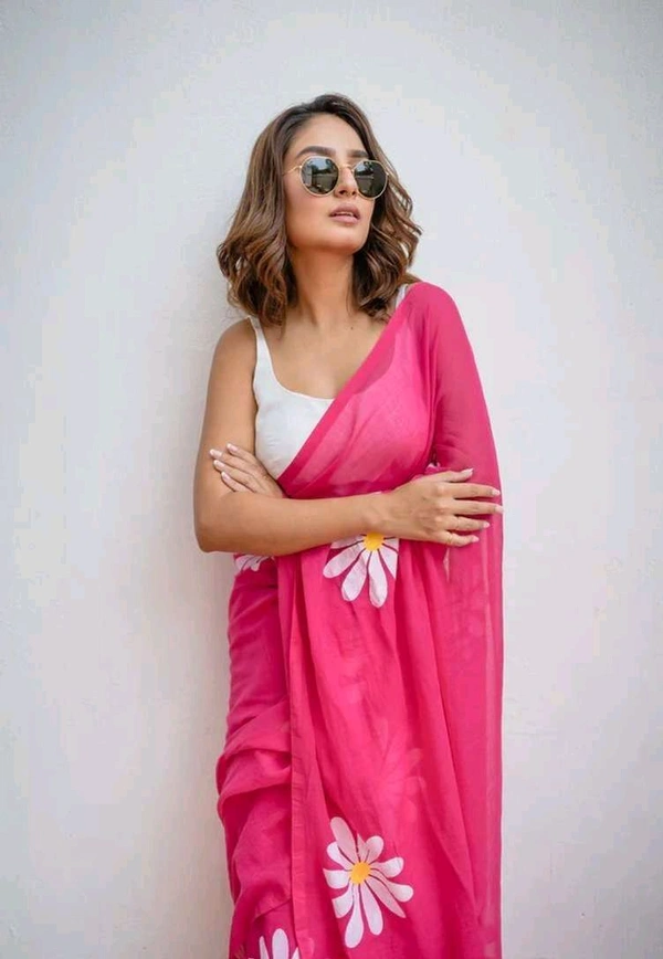 Floral Print Handloom Pure Cotton Saree (Pink)