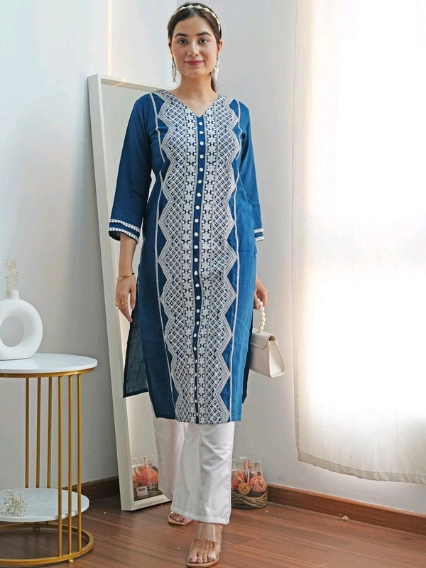 Youthnic Women Chikan Embroidery Cotton Rayon Straight Kurta (Blue) - XXL