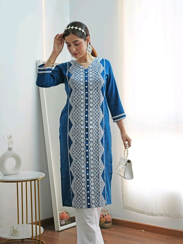 Youthnic Women Chikan Embroidery Cotton Rayon Straight Kurta (Blue) - XXL