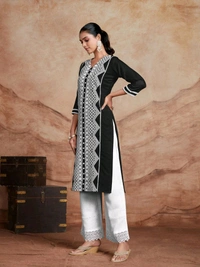 Youthnic Women Chikan Embroidery Cotton Rayon Straight Kurta (Black) - XXL