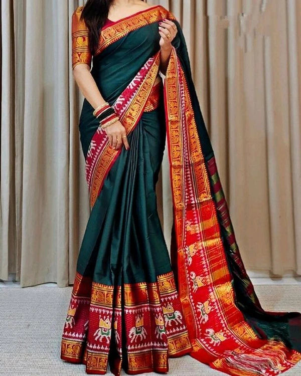 SuperLaxmi Temple Border, Woven Narayanpet Cotton Silk Saree (Green)