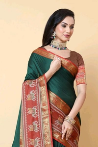 SuperLaxmi Temple Border, Woven Narayanpet Cotton Silk Saree (Green)