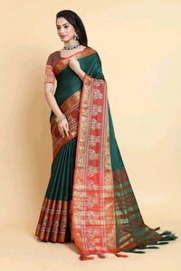 SuperLaxmi Temple Border, Woven Narayanpet Cotton Silk Saree (Green)