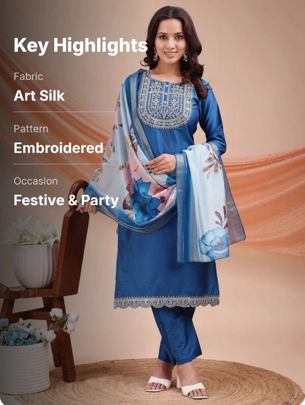 AYUKTA INTERNATIONAL
Women Art Silk Kurti Pant Dupatta Set - 3XL