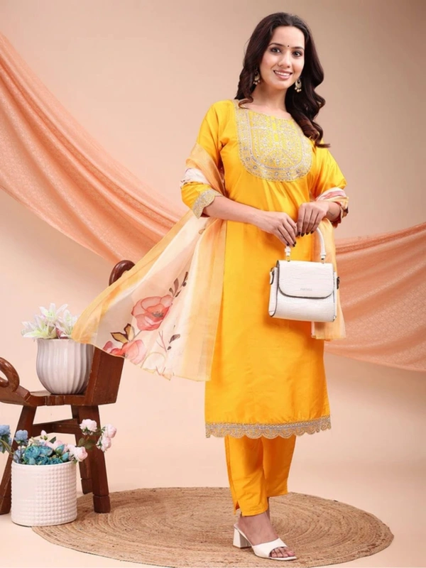 AYUKTA INTERNATIONAL
Women Art Silk Kurti Pant Dupatta Set - M