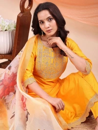 AYUKTA INTERNATIONAL
Women Art Silk Kurti Pant Dupatta Set - M