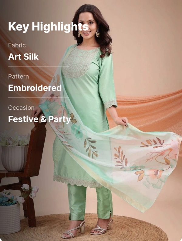 AYUKTA INTERNATIONAL
Women Art Silk Kurti Pant Dupatta Set - M