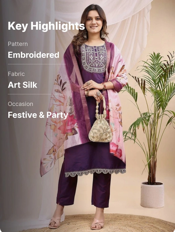 AYUKTA INTERNATIONAL
Women Art Silk Kurti Pant Dupatta Set - L