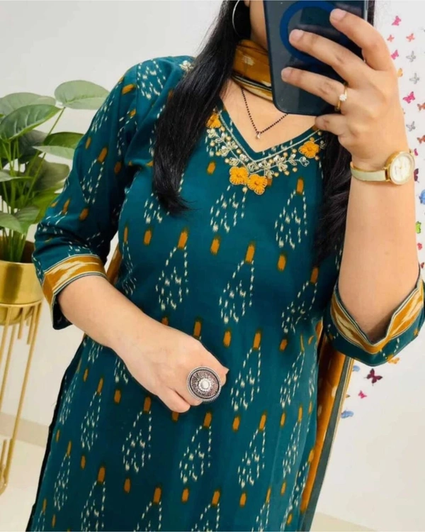 MKS CREATION
Women Embroidered Pure Cotton Straight Kurta With Attached Dupatta (Green) - XL