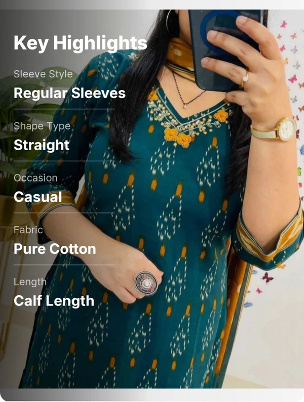 MKS CREATION
Women Embroidered Pure Cotton Straight Kurta With Attached Dupatta (Green) - XXL