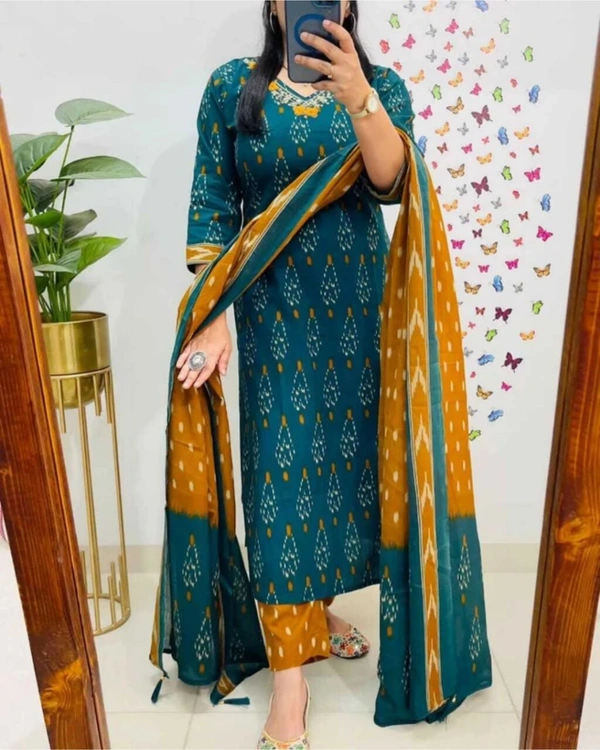 MKS CREATION
Women Embroidered Pure Cotton Straight Kurta With Attached Dupatta (Green) - XXL