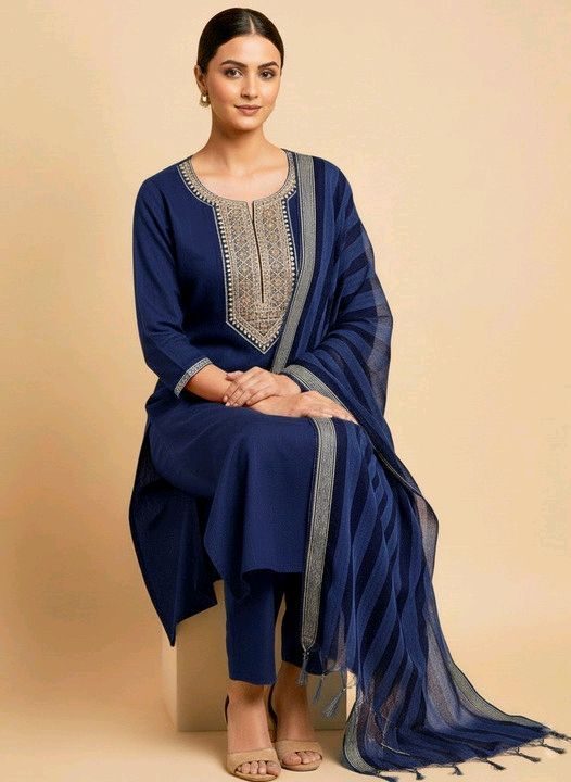 IBRANA Women Cotton Blend Kurti Pant Dupatta Set - S, Eastern Blue
