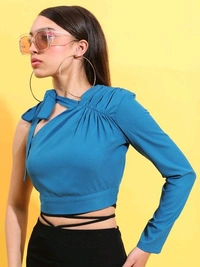 Tokyo Talkies Casual Regular Sleeves Solid Women Blue Top - M