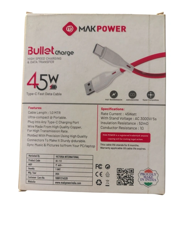 MAK Power 45wat Data Cable Type C - White