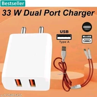 33 Watt Dual Port Charger, Fast Charging, Ultra Fast Charger, Type-C & Micro Usb Charger, Charger for Mobile with Detachable Red & White Cable, 1 Meter Cable