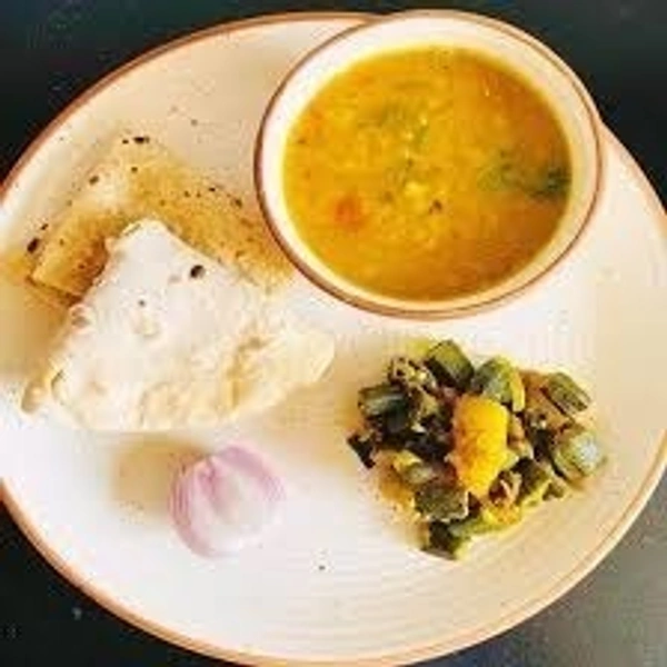 Simple Thali  {Shiv Vaishno Dabba} - Vessan Gatta + Achar + 5 roti
