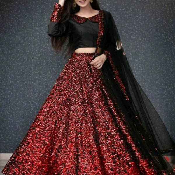 Women Partywear Red & Black Velvet Lehenga 