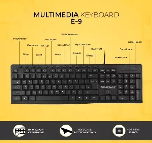 LAPCARE E9 Wired USB Multi-device Keyboard (Black) - Black