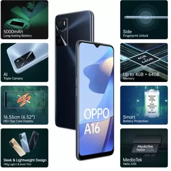 OPPO A16 (Crystal Black, 64 GB) (4 GB RAM) - Crystal Black, 64GB, 4GB