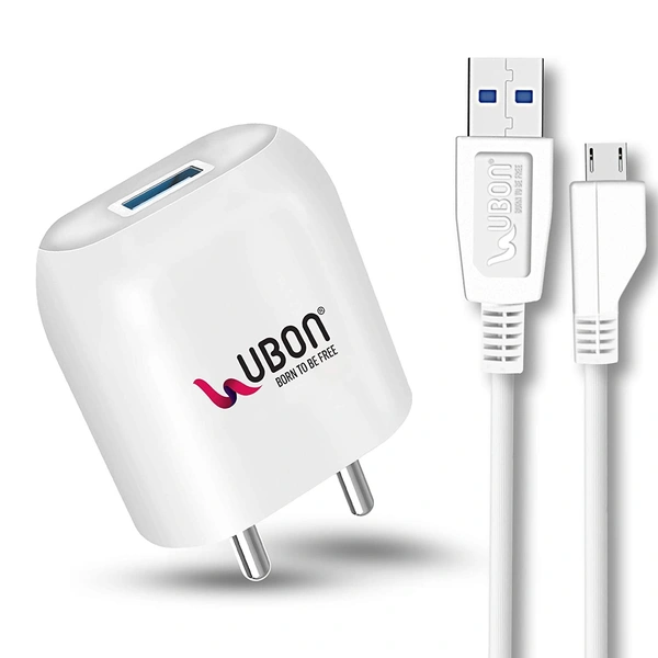UBON Boost Series Mobile Charger CH-58 2.4 Amp Wall Charger Fast Charging Adapter with Micro USB Cable for Smartphone & Tablets, BIS Certified, Smart Protection for Short Circuit & Overheating- White - White