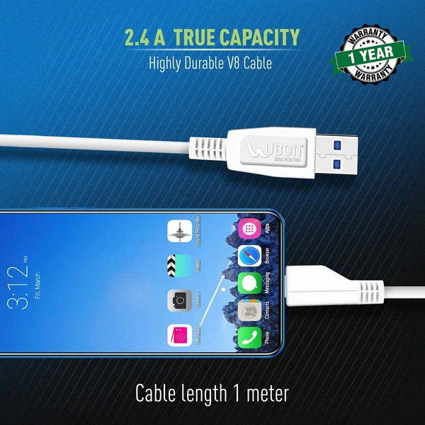 UBON Boost Series Mobile Charger CH-58 2.4 Amp Wall Charger Fast Charging Adapter with Micro USB Cable for Smartphone & Tablets, BIS Certified, Smart Protection for Short Circuit & Overheating- White - White