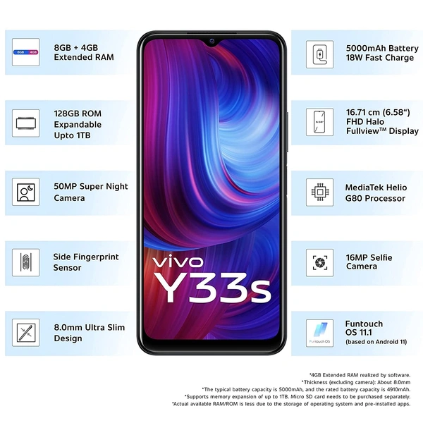 VIVO vivo Y33s (128 GB) (8 GB RAM) - Mirror Black, 128GB, 8GB