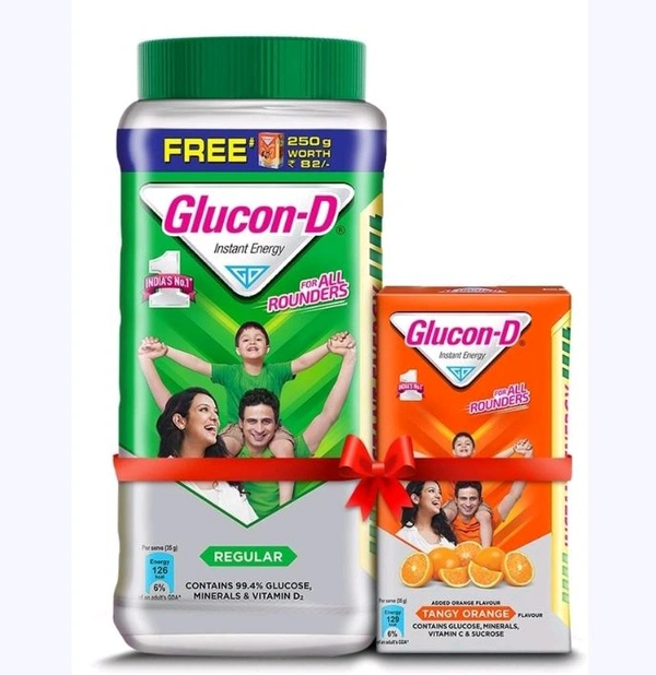 Glucon D Instant Energy Health Drink Regular Jar 1kg+Glucon D  Orange 250g Free 