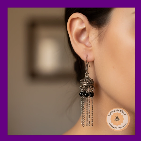 ReTrends Small Silver Jhumka - Black - Black